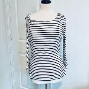 Vince Camuto Striped Cold Shoulder Top Women's Sz Medium Long Sleeve Knot Detail